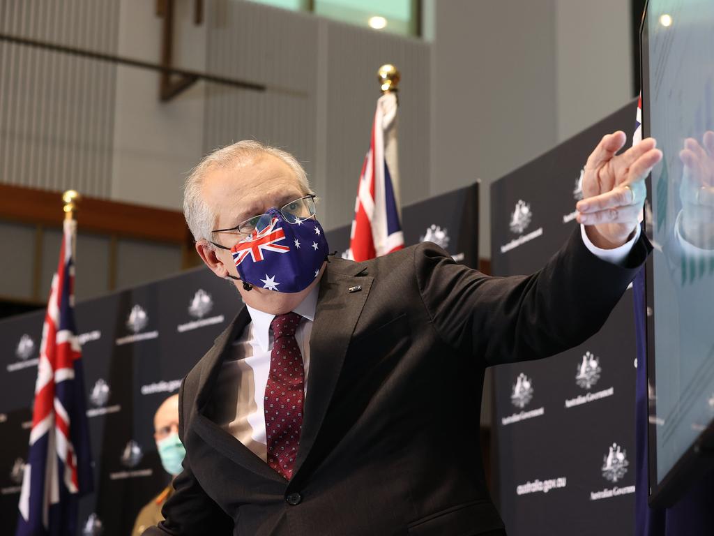 Prime Minister Scott Morrison echoed Professor McVernon, saying death, hospitalisation and infection rates at 80 per cent would be similar to ‘what you expect to see with something like the flu’. Picture: NCA NewsWire/Gary Ramage