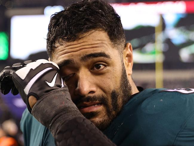 PHILADELPHIA, PENNSYLVANIA - JANUARY 29: Jordan Mailata #68 of the Philadelphia Eagles reacts after defeating the San Francisco 49ers 31-7 in the NFC Championship Game at Lincoln Financial Field on January 29, 2023 in Philadelphia, Pennsylvania.   Tim Nwachukwu/Getty Images/AFP (Photo by Tim Nwachukwu / GETTY IMAGES NORTH AMERICA / Getty Images via AFP)