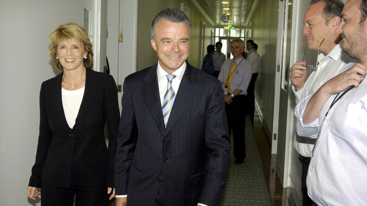 Bishop and Brendan Nelson leave the party room in November 2007, after Nelson beat Malcolm Turnbull in a vote to become the new Liberal party leader. Picture: AAP