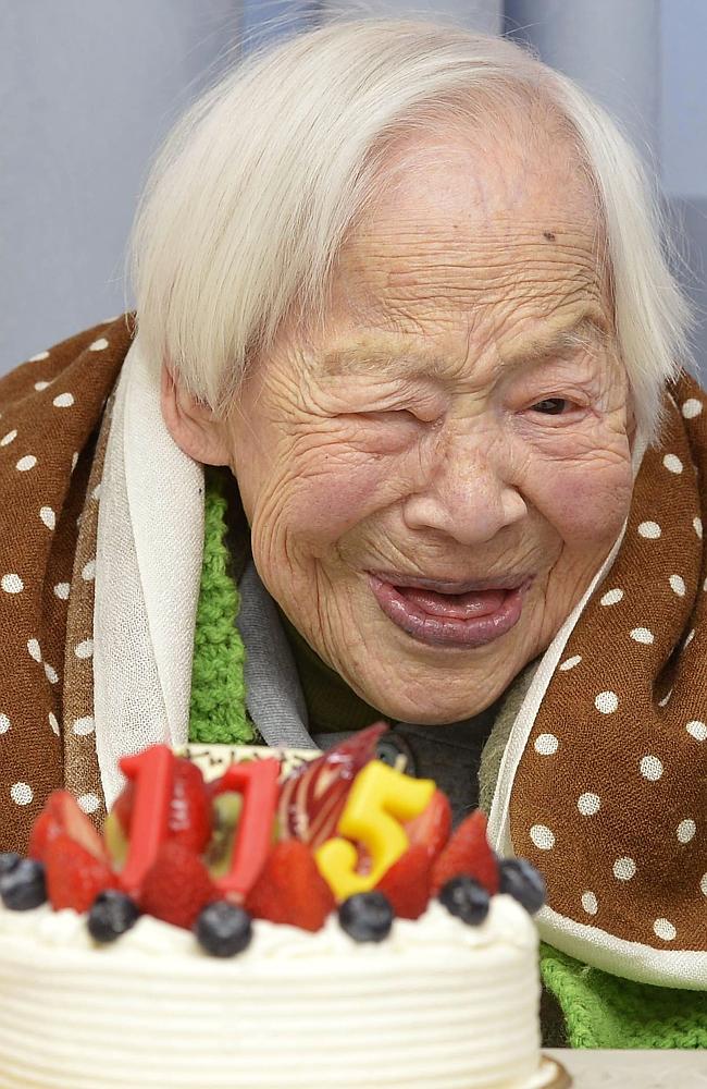 Mrs Okawa pictured celebrating her 115th birthday in Osaka last year. Picture: AP