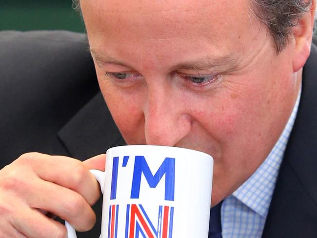 Britain's Prime Minister David Cameron sips from an 