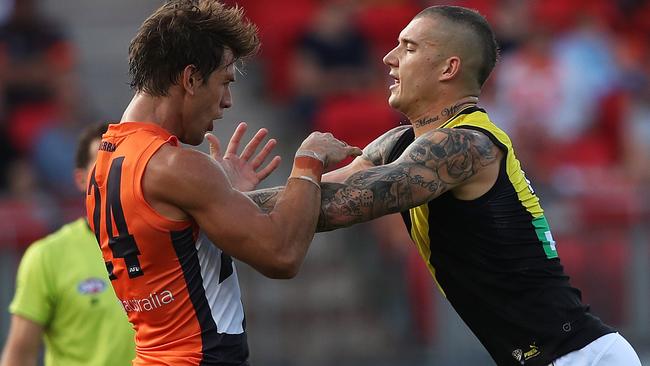 Matt de Boer gets under Dustin Martin’s skin in Round 3. Picture: Phil Hillyard