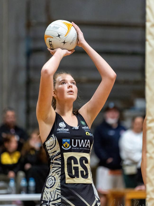 Jasmah Haywood at the 2022 NNC playing for WA. Picture: Netball WA.