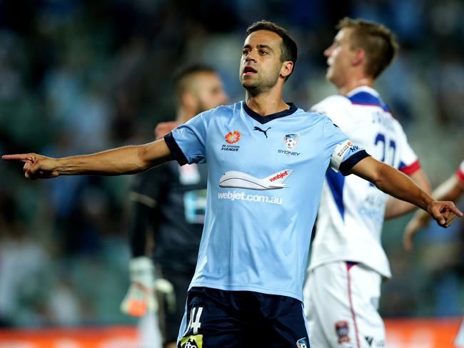 Sydney's Alex Brosque celebrates scoring a goal during the A League game between Sydney FC and the Newcastle Jets at Allianz Stadium,Moore Park.Picture Gregg Porteous