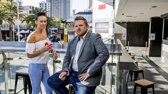 Surfers Paradise nightclub institution Shooters are launching a new revamped daytime and night-time tapas and lounge bar operation, called Our House. Nathan Sudana and Tara Mako show off the new outside drinking and dining area. Picture: Jerad Williams