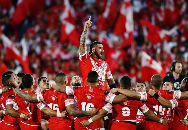 Andrew Fifita of Tonga leads the Sipi Tau.