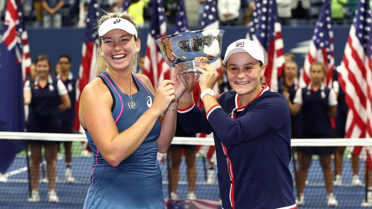 Barty and her doubles partner Coco Vandeweghe pose with the championship trophy after winning the women’s doubles final against Timea Babos of Hungary and Kristina Mladenovic of France on Day Fourteen of the 2018 US Open. Picture: Al Bello/Getty Images.