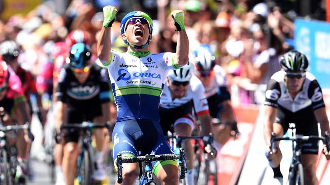 Australian rider Caleb Ewan of team Orica-GreenEdge celebrates winning stage six of the Tour Down Under in Adelaide, Sunday, Jan. 24, 2016. (AAP Image/Dan Peled) NO ARCHIVING, EDITORIAL USE ONLY