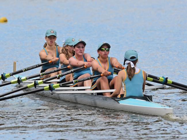 A Geelong Grammar Coxed Quad Scull crew. Rowing Victoria Junior Girls State Championship on the Barwon River. Picture: Stephen Harman