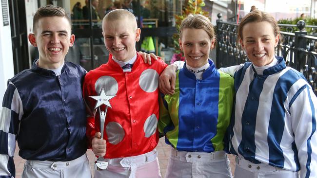 Jockeys Ben Thompson, Ethan Brown, Stephanie Thornton and Melissa Julius. Picture: AAP Image/George Salpigtidis