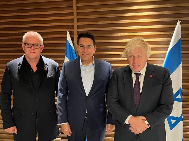 Danny Danon, Israel's 17th Permanent Representative to the UN, with former British prime minister Boris Johnson and former Australian prime minister Scott Morrison in Israel. Picture: Twitter