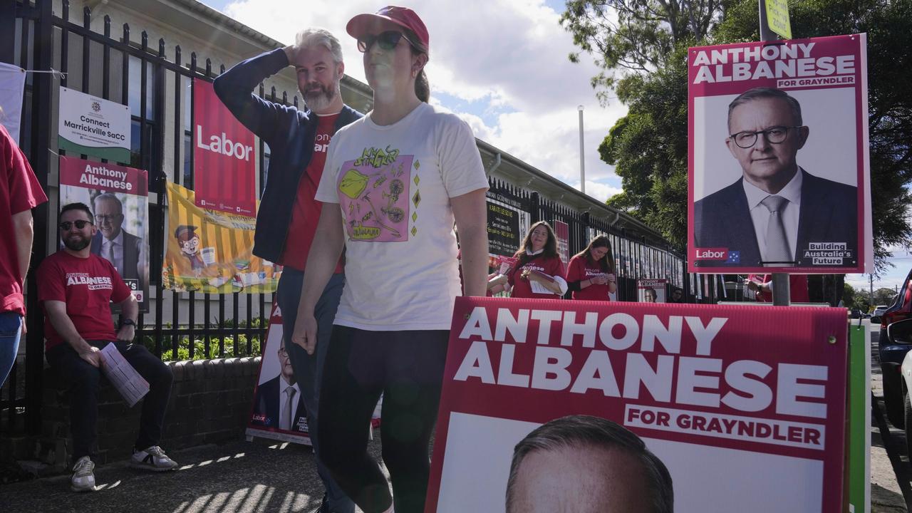 People arrive to vote at a polling booth in Prime Minister Anthony Albanese's electorate. Picture: AP Photo/Rick Rycroft