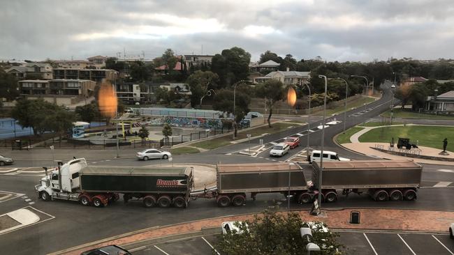 Giant trucks are now a common sight on the Eyre Peninsula because grain is no longer being transported by rail to Port Lincoln.