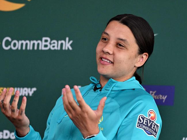 Australia's soccer captain Sam Kerr answers questions during a press conference in Melbourne on July 3, 2023 after Australia named their squad for the upcoming FIFA Women's World Cup 2023 football tournament to be held in Australia and New Zealand. (Photo by William WEST / AFP) / --IMAGE RESTRICTED TO EDITORIAL USE - STRICTLY NO COMMERCIAL USE--