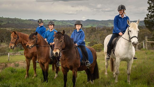 Teresa Palmer posted a photo herself to Instagram of herself at the Templewood Horse Riding Centre at Millbrook where she learned how to ride 24 years ago. Present day students Matilda Hill 10, on Tarnish, Teiia Hoskins 10, on Treasure and Cerise Smith 8, on Trixie with riding instructor Rachele Taylor on Tarantino Picture: Brad Fleet