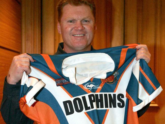 JUNE 10, 2004 : Paul Vautin displays jersey for Gold Coast Dolphins 10/06/04, proposed new NRL team for 2006 competition. Pic Adam Ward.Rugby League