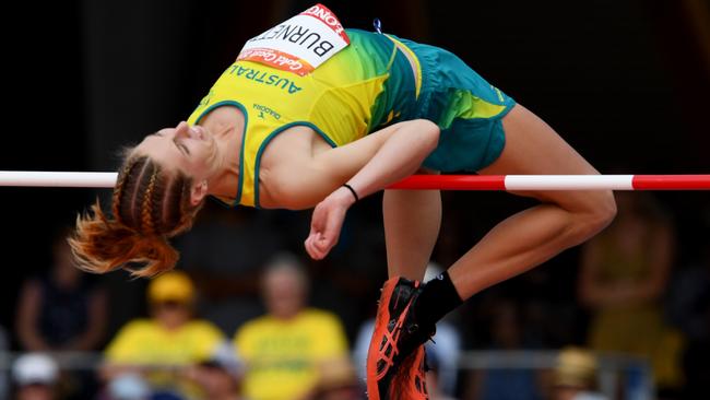 Alysha Burnett of Australia during the Women's Heptathlon High Jump. Picture: AAP.