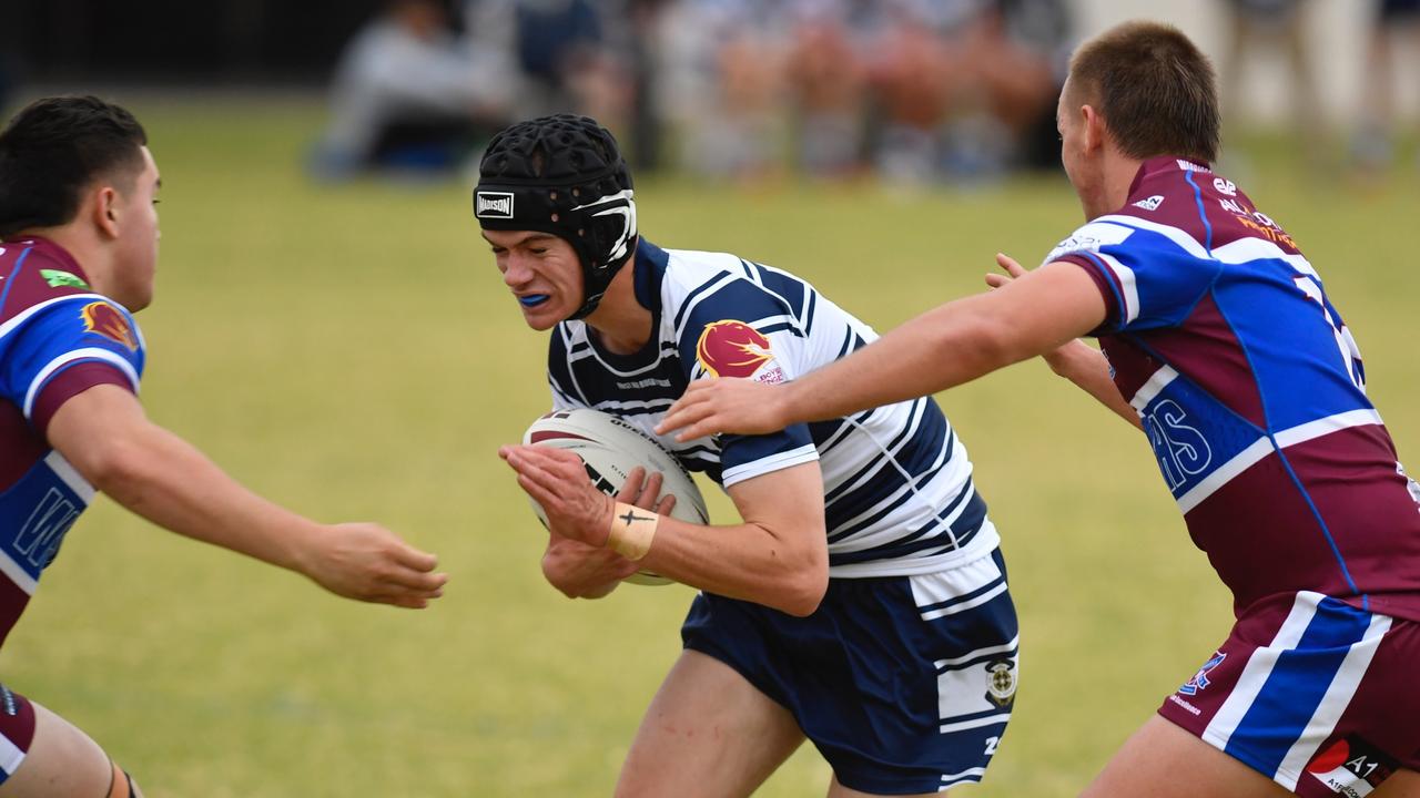 Tom McGahan charges forward for St Mary's College against Wavell SHS in the Langer Cup. Photo: Kevin Farmer