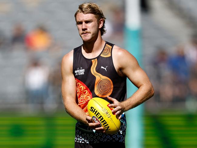 PERTH, AUSTRALIA - FEBRUARY 15: Jason Horne-Francis of the All Stars warms up during the 2025 Toyota AFL Indigenous All Stars match between the Indigenous All Stars and the Fremantle Dockers at Optus Stadium on February 15, 2025 in Perth, Australia. (Photo by Michael Willson/AFL Photos via Getty Images)