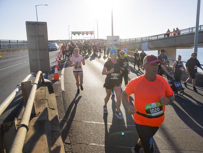 Run the Bridge Fun Run 2020 across Tasman Bridge. Picture: RICHARD JUPE