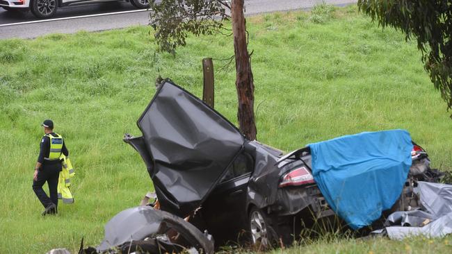 A young girl made a miraculous escape after a car veered off the Monash, crashed into a tree and burst into flames. Picture: Tony Gough