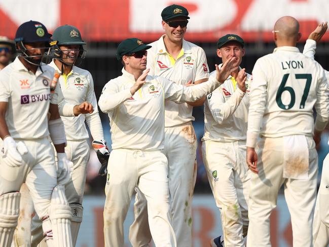 INDORE, INDIA - MARCH 02: Steve Smith of Australia celebrates taking a catch to dismiss Cheteshwar Pujara of India during day two of the Third Test match in the series between India and Australia at Holkare Cricket Stadium on March 02, 2023 in Indore, India. (Photo by Robert Cianflone/Getty Images)