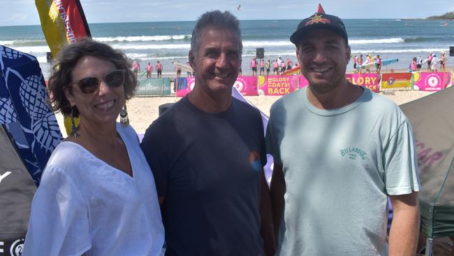 (L-R) Julie, Brett and Max Nicolaides at day two of the Senior and Masters division of the 2023 Queensland Surf Life Saving Championships at Mooloolaba. Photo: Elizabeth Neil