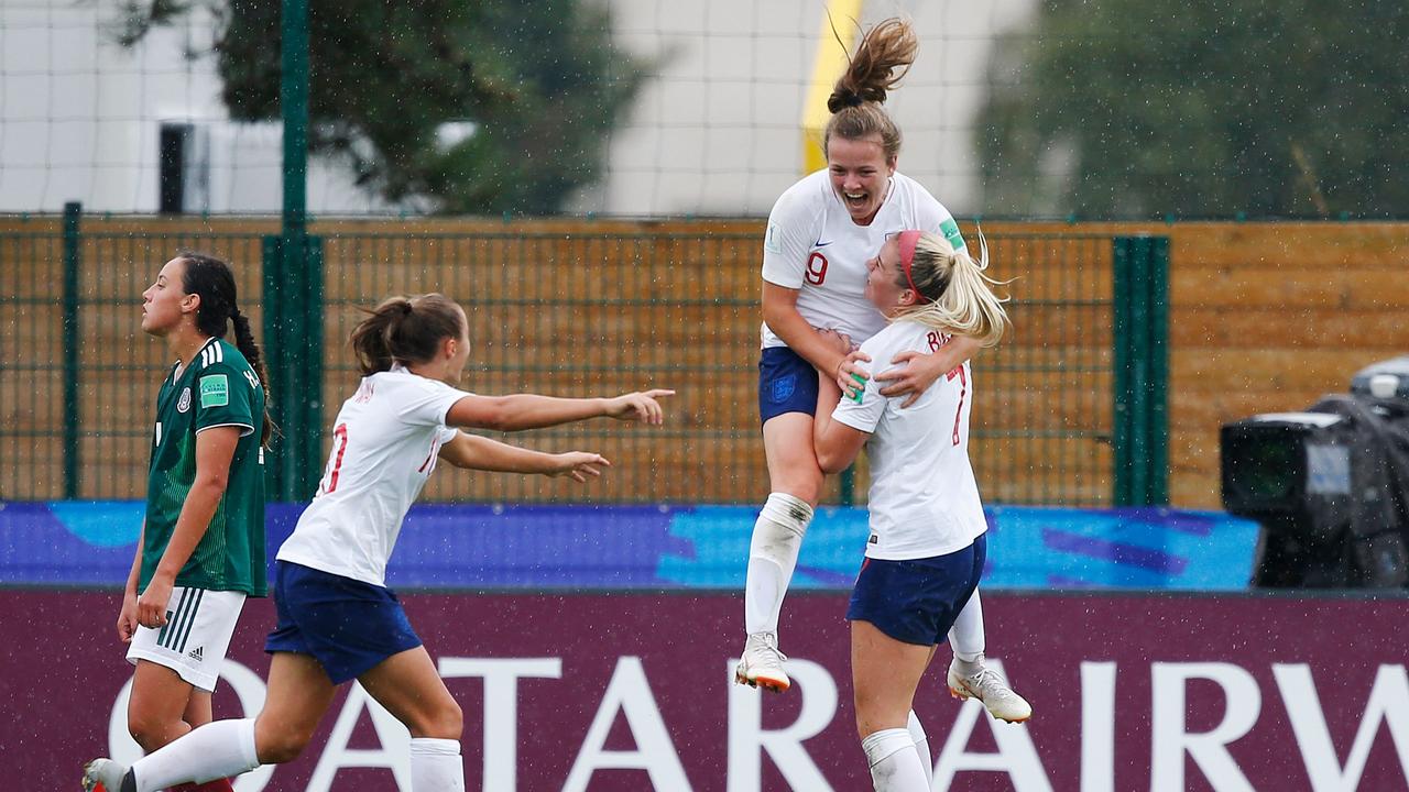 England's Lauren Hemp celebrates after scoring a goal during the women's World Cup. (Photo by CHARLY TRIBALLEAU / AFP)