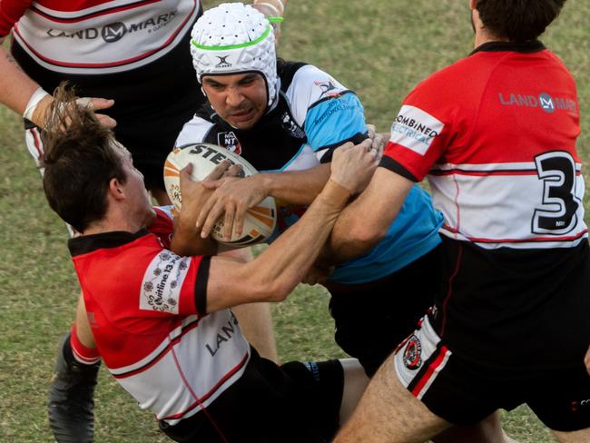 NRL NT Round 7: Northern Sharks v Litchfield Bears at Territory Rugby League Stadium, Marrara. Anthony De Castro is brought down to the field.Picture: Che Chorley