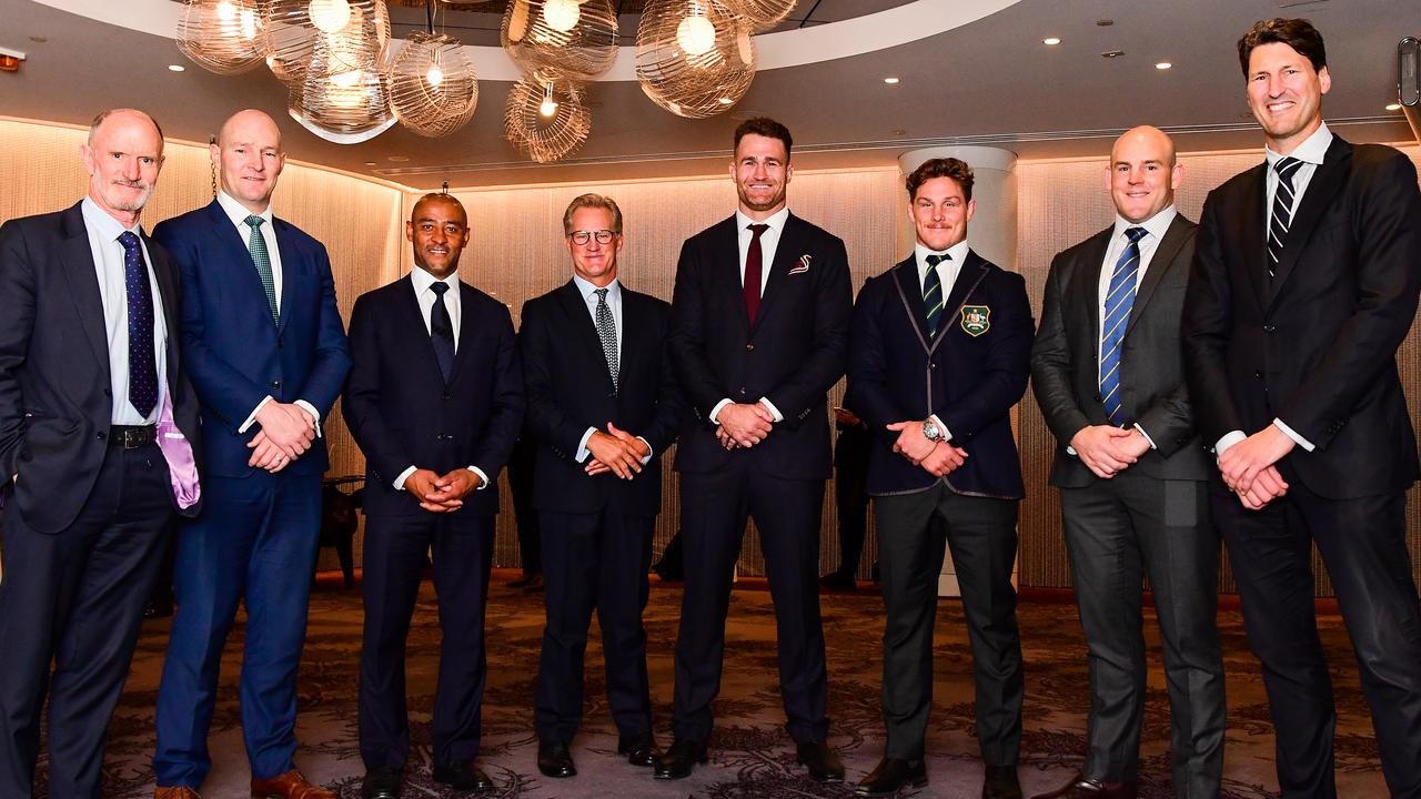 Australian World Cup captains Andrew Slack, Stirling Mortlock, George Gregan, Michael Lynagh, James Horwill, Michael Hooper, Stephen Moore and John Eales. Photo: Rugby AU Media/Stuart Walmsley