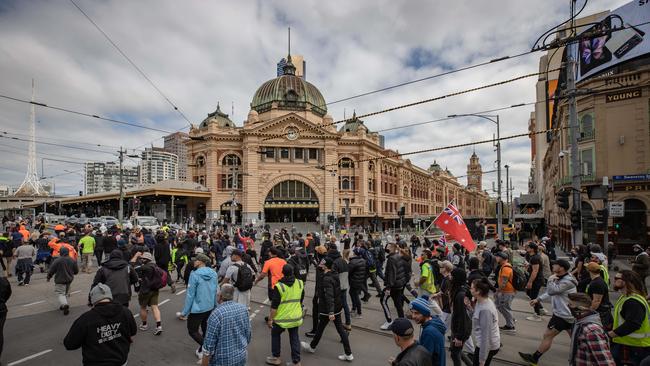 Anti-Lockdown and anti-vax protesters protest march in Melbourne. Picture: Jason Edwards