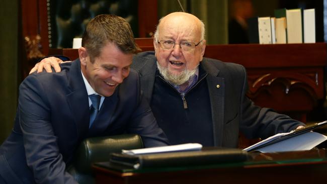 Premier Mike Baird and judge, author Thomas Keneally share the podium.