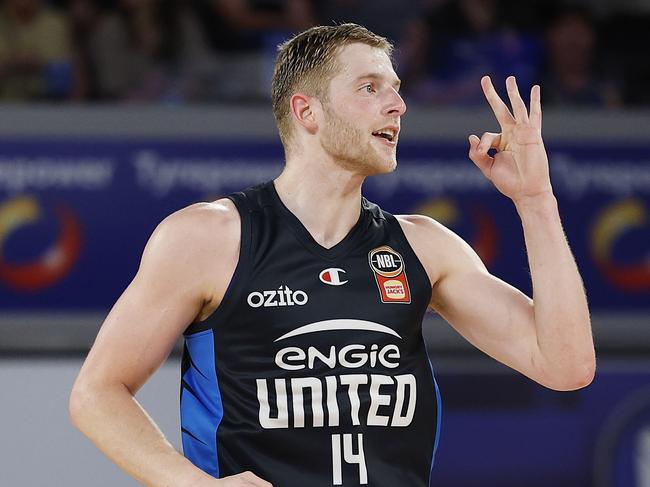 MELBOURNE, AUSTRALIA - OCTOBER 27: Jack White of United celebrates a three pointer during the round six NBL match between Melbourne United and Cairns Taipans at John Cain Arena, on October 27, 2024, in Melbourne, Australia. (Photo by Daniel Pockett/Getty Images)