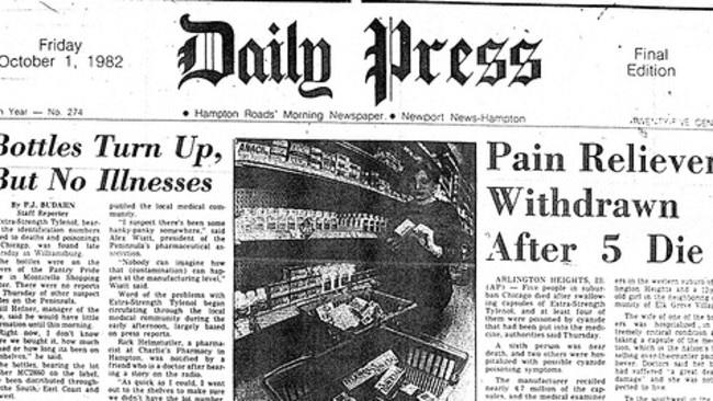 A newspaper front page covering the deaths linked to Tylenol in 1982.