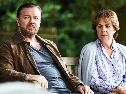 Ricky Gervais, as a grief-stricken widower in<i> After Life</i>.