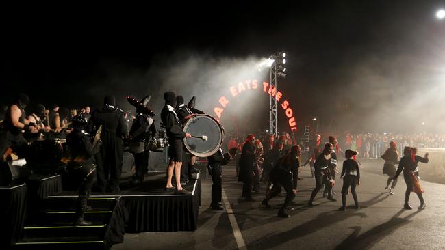 Percussion orchestra Itchy-O leads the music to the Ogoh-Ogoh parade and burning.