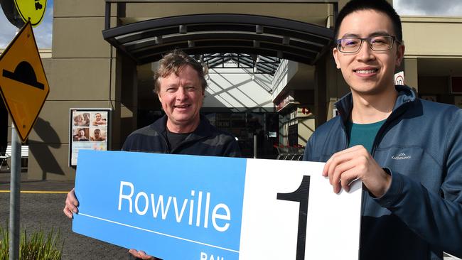 Mick Van de Vreede, long time Rowville Rail campaigner, and Shing Hei Ho, documentary film-maker, near the entrance of Stud Park Shopping Centre in Rowville. Picture: Steve Tanner