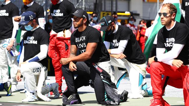 Lewis Hamilton showing his support for the Black Lives Matter movement. Picture: Getty Images