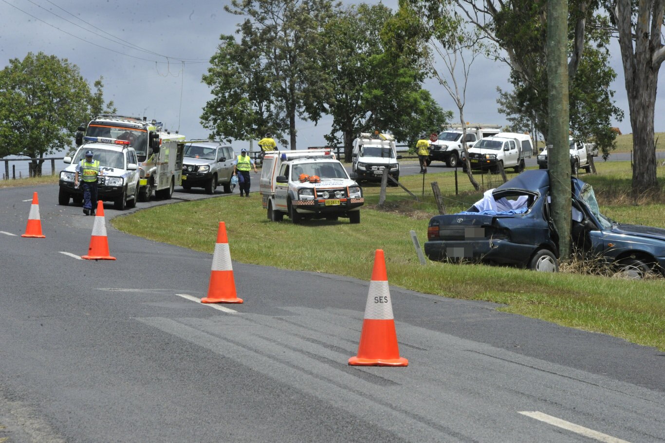 The scene of a crash where a man died after his car collided with a power pole near Seelands. Picture: Jarrard Potter