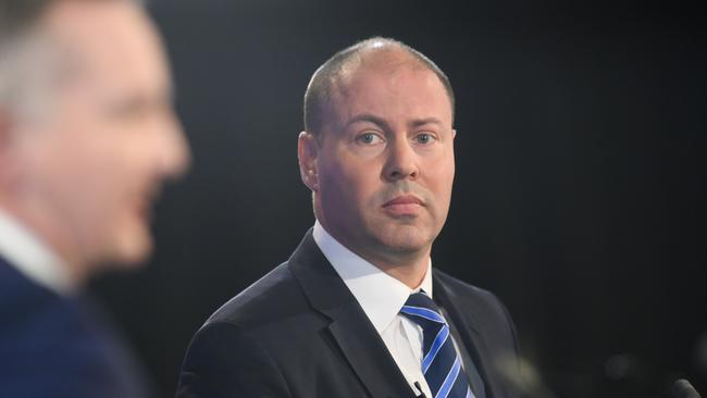 Treasurer Josh Frydenberg during the treasurers debate with Opposition treasurer Chris Bowen at the National Press Club in Canberra, Monday, May 6, 2019. (AAP Image/Rohan Thomson) NO ARCHIVING