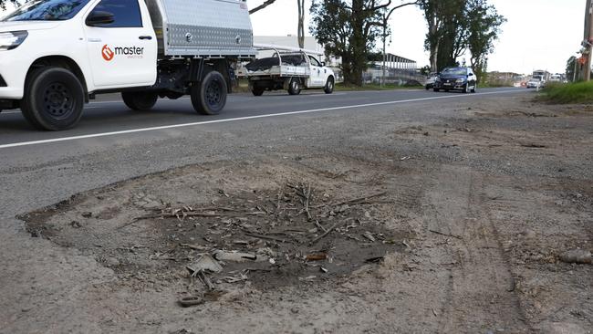 Traffic on Mamre Road at Kemps Creek, which is undergoing an upgrade. Picture: Richard Dobson