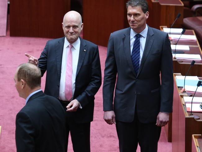 Senator Fraser Anning was escorted into he chamber by senators Benardi and Leyonhjelm as One Nation Leader Pauline Hanson was a no-show for the ceremony. Picture Gary Ramage