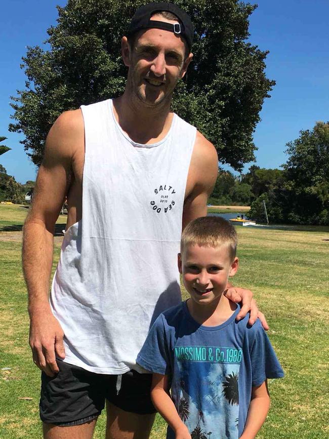 Michael Barlow and Charlie Jellie eight years ago. Picture: North Warrnambool Football Netball Club.