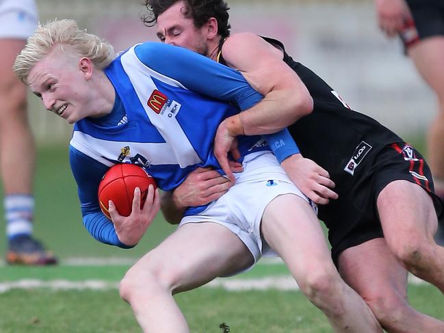 Ballarat FNL, Round 9, Bacchus Marsh Cobras V Sunbury Bulldogs, at Bacchus Marsh,  Bacchus Marsh won 15-8-98 v 6-11-47, Tyson Shea, 14,   Bacchus Marsh  &  Jake Sutton, 14,  Sunbury,     Picture Yuri Kouzmin