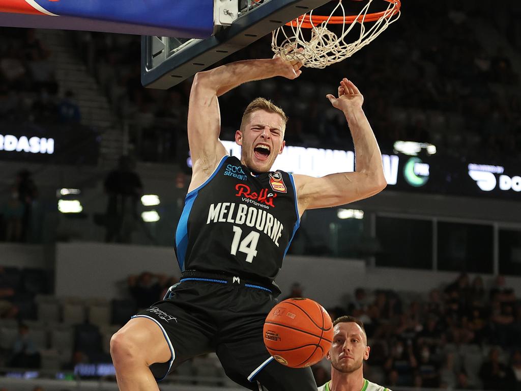 United big man Jack White dunks during last Thursday’s Melbourne derby. Photo: Getty Images.