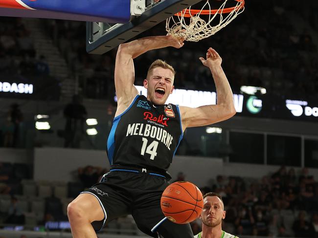 United big man Jack White dunks during last Thursday’s Melbourne derby. Photo: Getty Images.