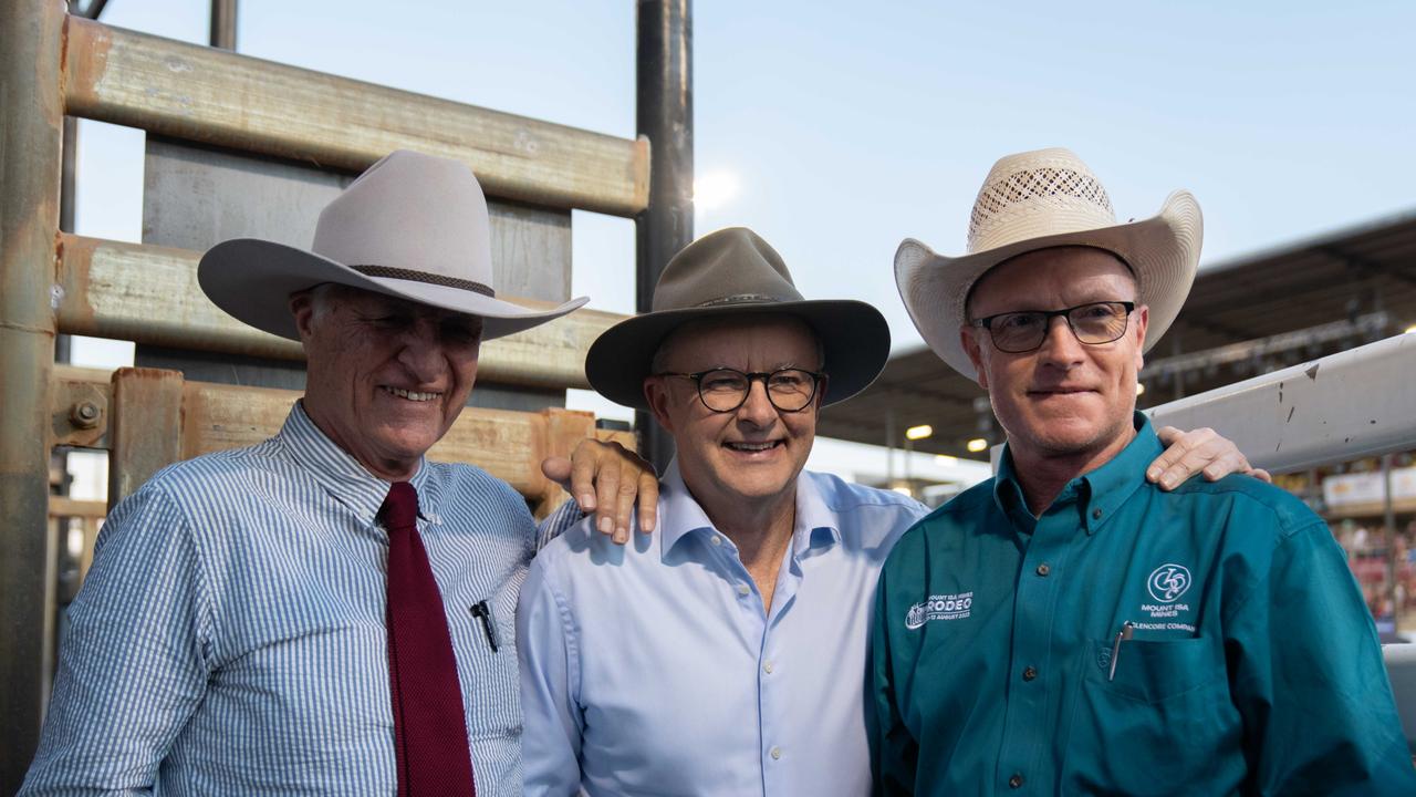 Bob Katter and Anthony Albanese at the Mount Isa rodeo. Picture: Supplied.