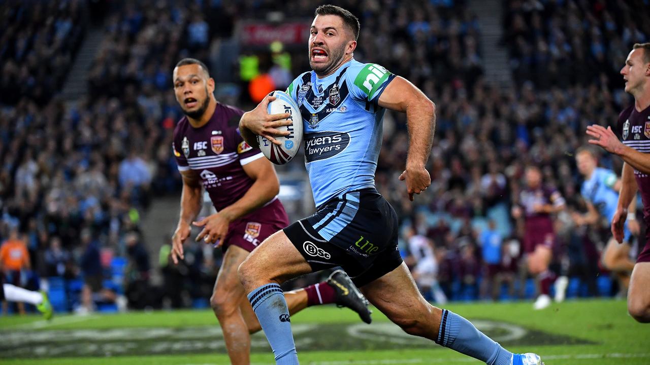 James Tedesco makes the crucial break in the first half of the State of Origin decider.