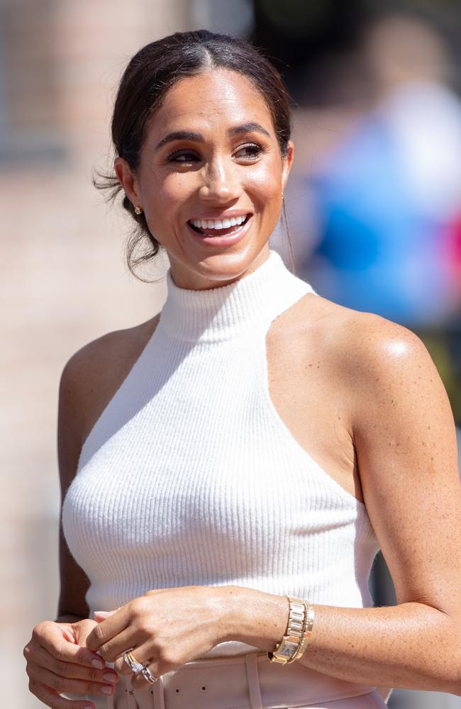 Meghan wore a white, sleeveless turtleneck accessorised with gold jewellery. Picture: Joshua Sammer/Getty Images for Invictus Games Dusseldorf 2023