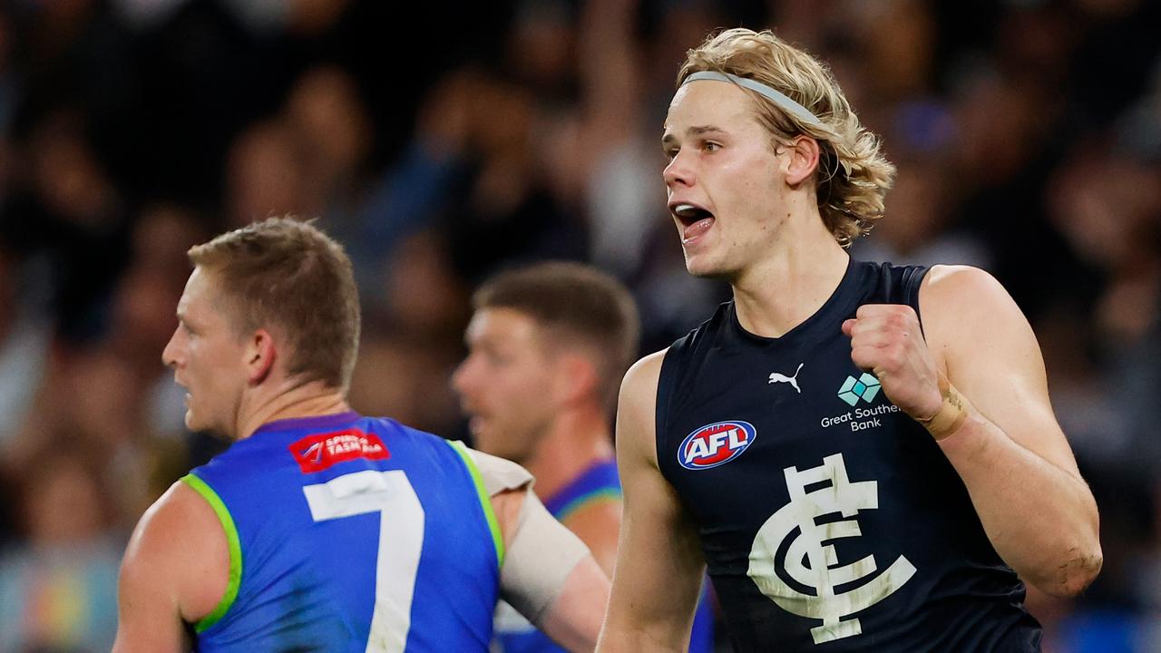 MELBOURNE – APRIL 07: Tom De Koning of the Blues celebrates a goal during the 2023 AFL Round 04 match between the North Melbourne Kangaroos and the Carlton Blues at Marvel Stadium on April 7, 2023 in Melbourne, Australia. (Photo by Dylan Burns/AFL Photos via Getty Images)